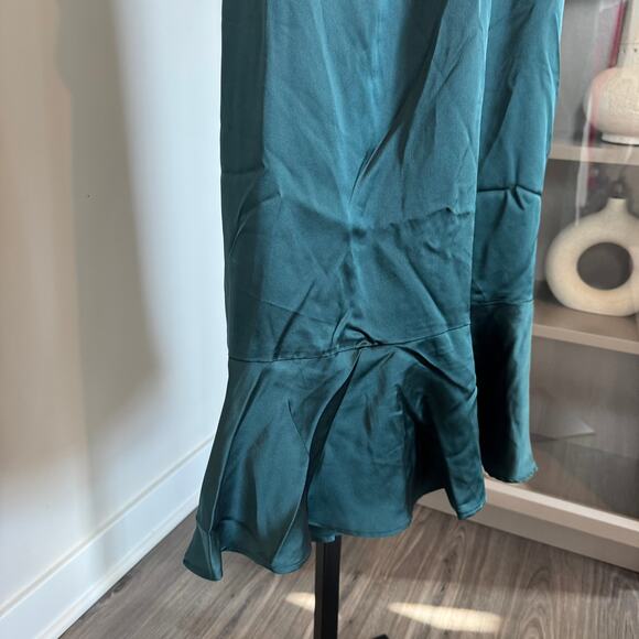 Show Me Your Mumu Zoey Midi Dress NEW Deep Emerald Green Satin Ruffle Trim Small - Picture 5 of 7
